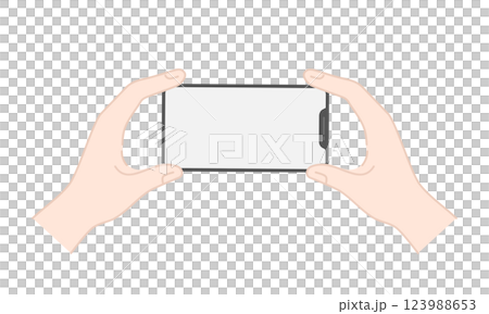 Illustration of a smartphone held horizontally in both hands (line drawing, color) 123988653
