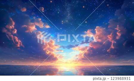水面に映る幻想的な空のイラスト 123988931