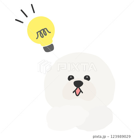 頭上に光った電球を浮かべ閃いているビションフリーゼのイラスト 123989029