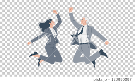 Two business people jumping up and doing a fist pump Senior man and young woman 123990097