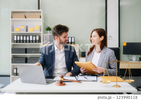 Modern lawyer office a professional discussion, legal documents, and teamwork. Perfect 123990118