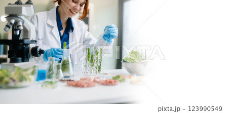 Scientist in a modern lab analyzing food samples with advanced equipment. Perfect for food science, research Scientist in a modern lab analyzing food samples with advanced equipment. Perfect for food science, research 123990549