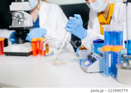 Young scientists conducting research investigations in a medical laboratory, a researcher in the foreground 123990774