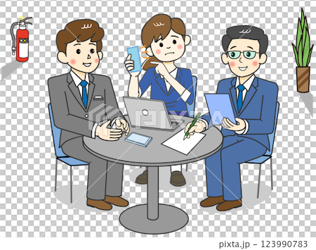 出先の丸テーブルで打合せの3人グループ_クレームの電話? 123990783