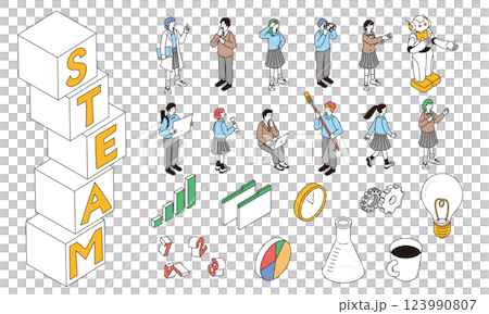 STEAM教育の文字と学生の未来教育をイメージするアイソメトリック構図のイラスト STEAM教育の文字と学生の未来教育をイメージするアイソメトリック構図のイラスト 123990807