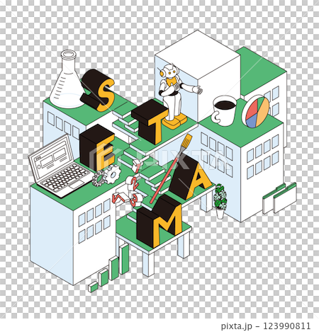 Illustration of an isometric composition depicting the characters of STEAM education and students' future education Illustration of an isometric composition depicting the characters of STEAM education and students' future education 123990811