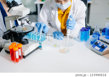 Scientists, beakers, and microscopes in cutting-edge research. Perfect for science and technology projects. 123990818