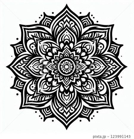 Black and White Floral Mandala Design | Symmetrical Mehndi-Inspired Art | Detailed Geometric Patterns for Coloring Books and Tattoos 123991143