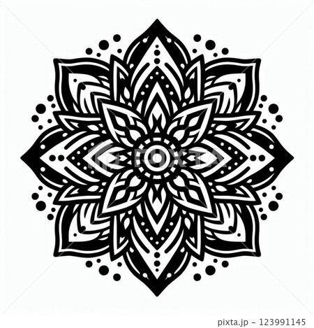 Black and White Floral Mandala Design | Symmetrical Mehndi-Inspired Art | Detailed Geometric Patterns for Coloring Books and Tattoos 123991145