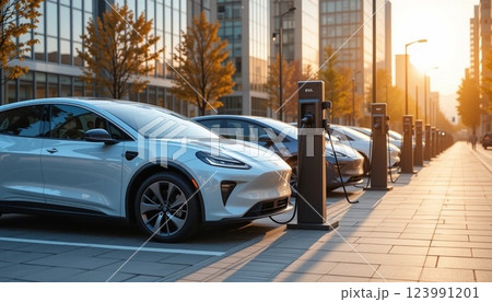 Electric Vehicles Charging at Public Charging Station on a Modern City Street. Electric Vehicles Charging at Public Charging Station on a Modern City Street. 123991201