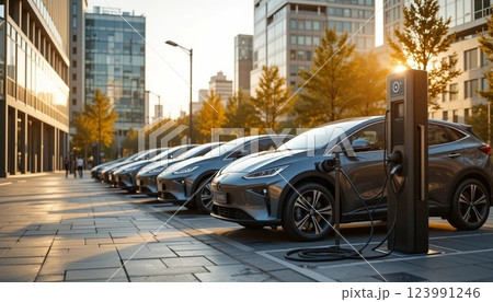 Electric Vehicles Charging at Public Charging Station on a Modern City Street. 123991246
