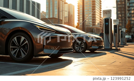 Electric Vehicles Charging at Public Charging Station on a Modern City Street. 123991252