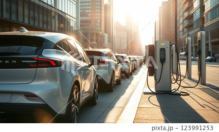 Electric Vehicles Charging at Public Charging Station on a Modern City Street. 123991253