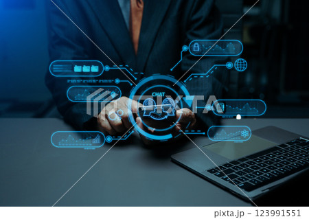 Man using chatbot in computer and tablet smart intelligence Ai.Chat with AI Artificial Intelligence, developed by OpenAI Man using chatbot in computer and tablet smart intelligence Ai.Chat with AI Artificial Intelligence, developed by OpenAI 123991551