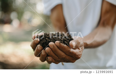 Oldman farmer holding soil in cupped hands 123991691