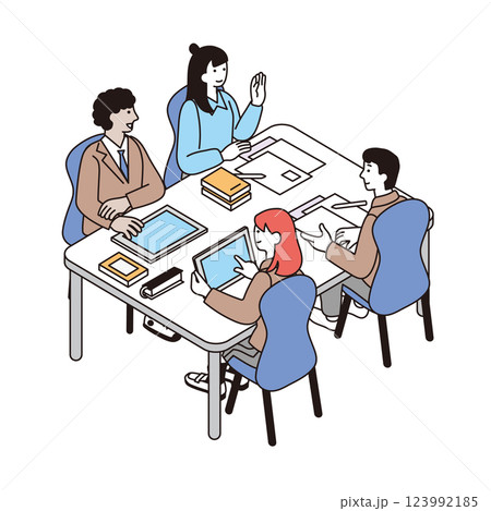 アイソメトリック構図のディスカッションをする学生のイラスト 123992185