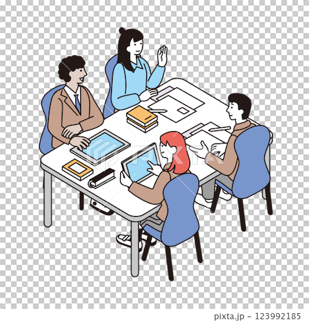 學生在等距構圖中進行討論的插圖 123992185