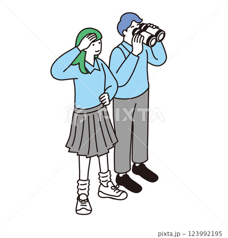アイソメトリック構図の双眼鏡を覗く男女の子供イラスト アイソメトリック構図の双眼鏡を覗く男女の子供イラスト 123992195