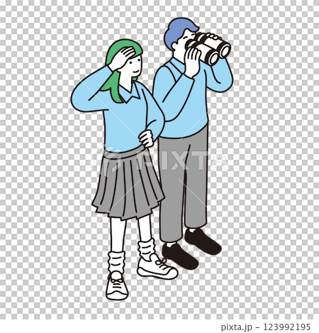 アイソメトリック構図の双眼鏡を覗く男女の子供イラスト アイソメトリック構図の双眼鏡を覗く男女の子供イラスト 123992195