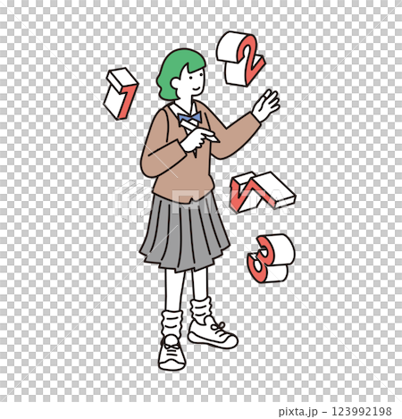 Illustration of a female student studying mathematics holding a pen in an isometric composition 123992198