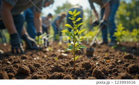 Tree Planting for Environmental Conservation | Hands Planting a Young Sapling in Soil.	 123993016