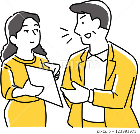 書類を見て相談する男女 書類を見て相談する男女 123993973
