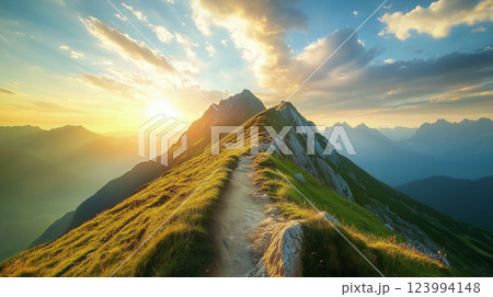 Breathtaking mountain peak at sunset with winding trail, showcasing vibrant colors and dramatic clouds, inviting adventure and exploration Breathtaking mountain peak at sunset with winding trail, showcasing vibrant colors and dramatic clouds, inviting adventure and exploration 123994148