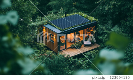 cozy solar powered tiny house nestled in lush green forest, surrounded by vibrant foliage and natural beauty. home features wooden deck and large windows, creating serene atmosphere 123994150