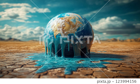 hyper realistic image of planet Earth melting, surrounded by cracked desert landscape. blue oceans appear to drip, symbolizing climate change and environmental issues hyper realistic image of planet Earth melting, surrounded by cracked desert landscape. blue oceans appear to drip, symbolizing climate change and environmental issues 123994156