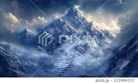misty mountain landscape with narrow path leading through snow covered peaks, evoking sense of adventure and tranquility. scene is illuminated by starry sky, enhancing its ethereal beauty 123994157