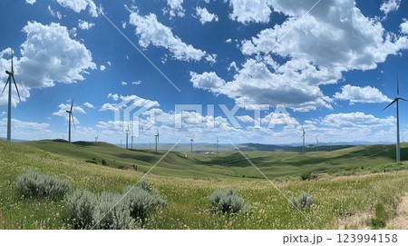 panoramic view of wind farm on rolling green hills under bright blue sky with fluffy clouds, showcasing renewable energy and natural beauty 123994158
