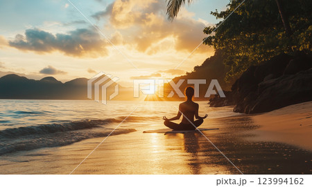 serene morning scene of person practicing yoga on beach at sunrise, surrounded by mountains and palm trees, evoking tranquility and mindfulness 123994162