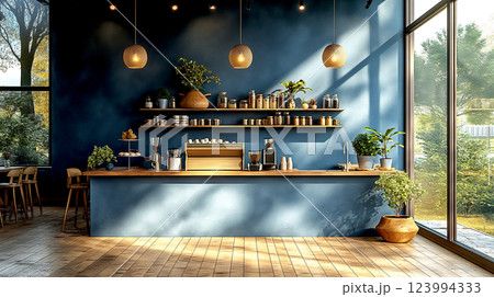 Cafe design counter and seating area Minimalist interior design Navy blue painted wall mixed with wood and wooden floor in the Morning with garden view. Concept of creative space for coffee shop. 123994333