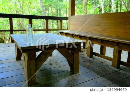 ウッドデッキとミネラルウォーター ウッドデッキとミネラルウォーター 123994679