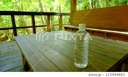 ウッドデッキとミネラルウォーター 123994683