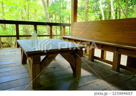ウッドデッキとミネラルウォーター 123994687