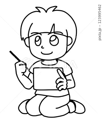 座り込んでタブレットを操作する男の子　線画 123995462