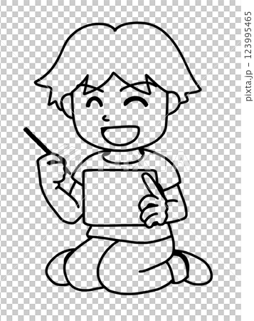 にっこり笑顔でタブレットを操作する男の子 線画 にっこり笑顔でタブレットを操作する男の子 線画 123995465