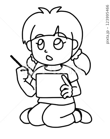 座り込んでタブレットを操作する女の子 線画 座り込んでタブレットを操作する女の子 線画 123995466