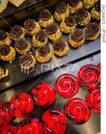 Desserts on display at a market in Barcelona, Spain. 123995543