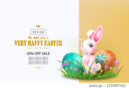 Drawing with Easter eggs and pink beautiful rabbit, design element 123995582
