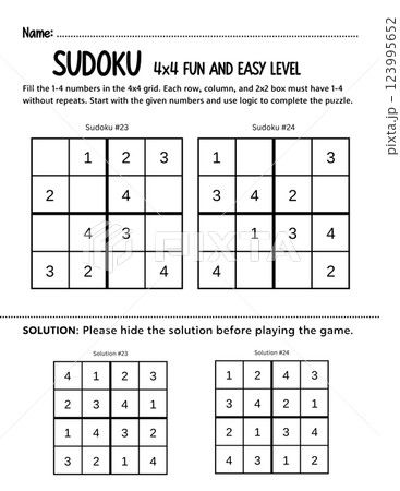 Fun and simple 4x4 kids Sudoku beginners puzzle to develop logic and problem-solving skills. A printable educational game perfect for classrooms, homeschooling, or learning activities. 123995652