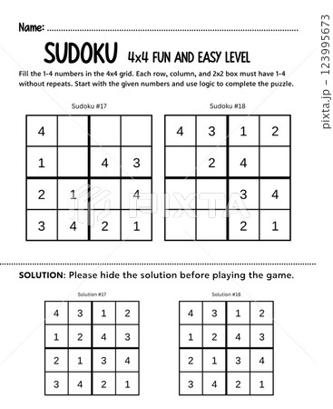 Fun and simple 4x4 kids Sudoku beginners puzzle to develop logic and problem-solving skills. A printable educational game perfect for classrooms, homeschooling, or learning activities. 123995673
