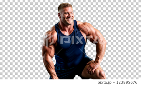 Strong muscular athlete stretching before training in gym 123995676