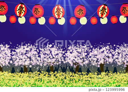 夜桜 桜祭り 花見 菜の花と桜並木と人々 夜桜 桜祭り 花見 菜の花と桜並木と人々 123995996