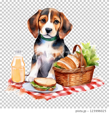 ピクニック・サンドイッチとビーグルの水彩イラスト1／チラシやポスター用素材 123996025