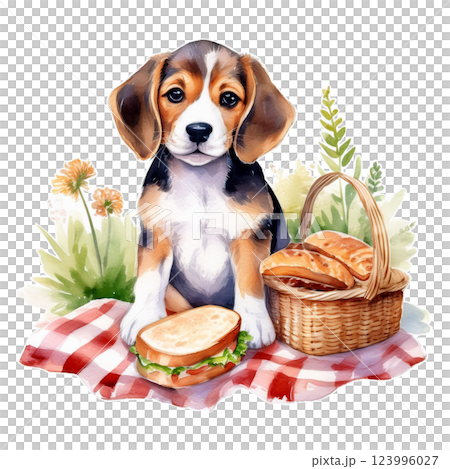ピクニック・サンドイッチとビーグルの水彩イラスト3／チラシやポスター用素材 123996027