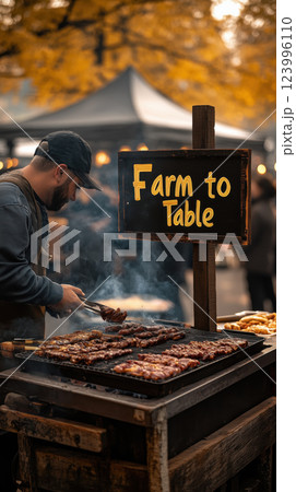 street vendor grilling locally sourced food at outdoor market in autumn 123996110