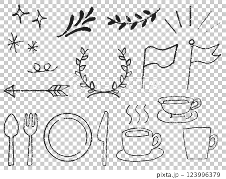 A rough decorative illustration set of coffee cups and cutlery drawn in pencil. Hand-drawn warm cafe icons A rough decorative illustration set of coffee cups and cutlery drawn in pencil. Hand-drawn warm cafe icons 123996379