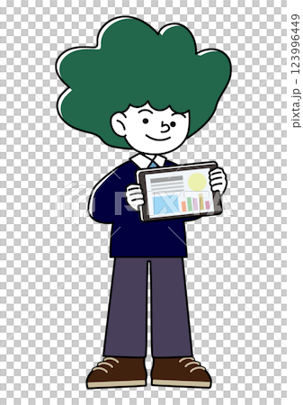 一位學生高興地拿著一台平板電腦的向量插圖 一位學生高興地拿著一台平板電腦的向量插圖 123996449